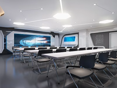 Modern Meeting Room Interior With Long Tables Black Chairs And Large Screen 3d model