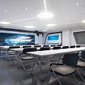 Modern Meeting Room Interior With Long Tables Black Chairs And Large Screen