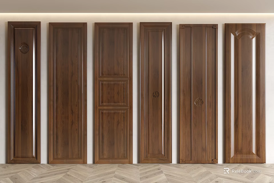 Different Designed Wooden Doors Against White Wall With Light Geometric Wooden Floor 3d model 