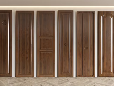Different Designed Wooden Doors Against White Wall With Light Geometric Wooden Floor 3d model