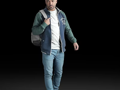 Man Wearing Blue Green Jacket White T Shirt And Blue Jeans With Gray Backpack Standing 3d model