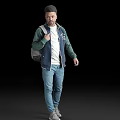 Man Wearing Blue Green Jacket White T Shirt And Blue Jeans With Gray Backpack Standing