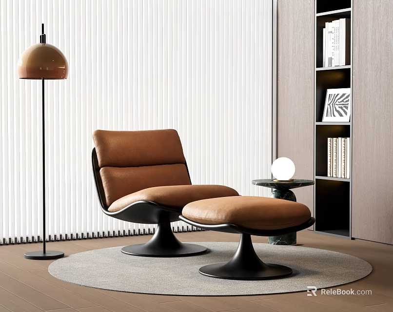 Brown Leather Lounge Chair With Ottoman Floor Lamp And Bookshelf In Modern Room 3d model 