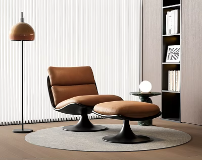 Brown Leather Lounge Chair With Ottoman Floor Lamp And Bookshelf In Modern Room 3d model