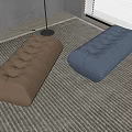 Modern Brown And Blue Velvet Tufted Ottomans On Gray Area Rug