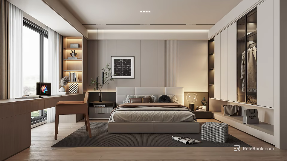 Modern Bedroom Interior Design With King Bed Wardrobe Nightstand And Decorative Artwork 3d model 