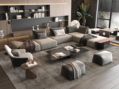 Modern Sofa And Coffee Table Set With Pillows Throw Blankets Wooden Side Table And Plant 3d model