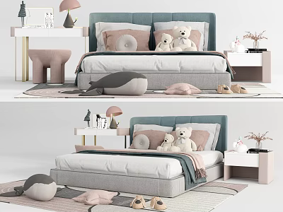 Cozy Double Bed With Green Upholstered Headboard Teddy Bear Decorative Pillows And Bedside Tables 3d model