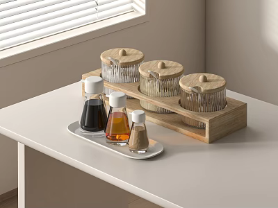 Modern Kitchen Counter With Wooden Rack And Glass Spice Jars On Tray 3d model