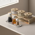 Modern Kitchen Counter With Wooden Rack And Glass Spice Jars On Tray