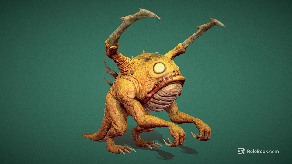 Mythical Yellow Aquatic Creature With Large Eyes Horns Sharp Teeth And Claws 3d model