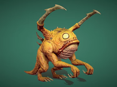 Mythical Yellow Aquatic Creature With Large Eyes Horns Sharp Teeth And Claws 3d model