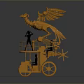 Intricate Orange Mechanical Sculpture With Phoenix And Human Figure On Wheel Platform