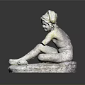Antique Style Stone Seated Child Sculpture with Detailed Carving and Ornamental Base