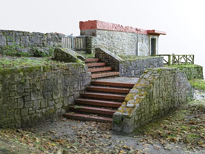 Moss Covered Stone Walls Surround Red Brick Stairs With Fallen Leaves And Wooden Railings 3d model