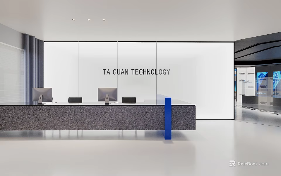 Modern Office Reception Desk With Computers Chairs Blue Accent And White Wall 3d model