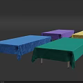 Colorful Rectangular Benches With Blue Green Purple Yellow Fabric Covers On Dark Background