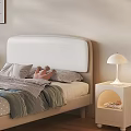 Double Bed with White Headboard Nightstand Table Lamp Decorative Painting Curtains and Wooden Floor Rug