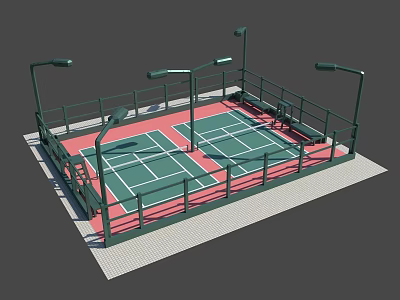 Outdoor Tennis Court With Green Railings Street Lamps And Red And Green Surface 3d model