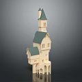 Cartoon Fairy Tale Castle Scene With Green Roofs Multi Level Tower Arched Doors Windows