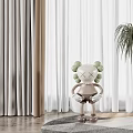 Modern White and Grey Sheer Curtains In Interior With Plants Doll And Wooden Floor