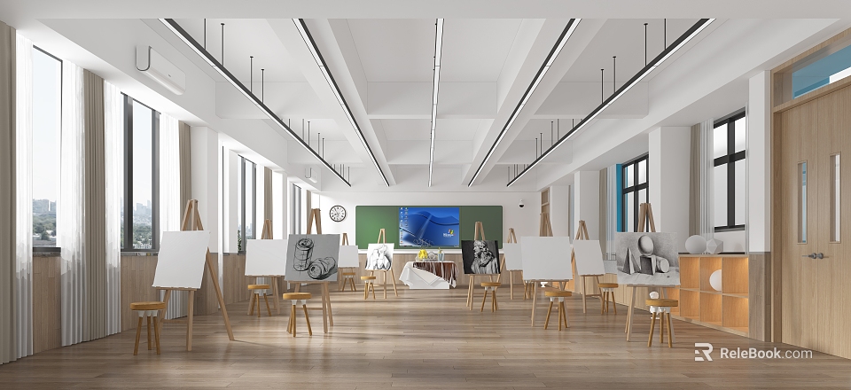 School Art Classroom With Easels Drawing Boards Bright Windows And Wooden Floors 3d model 