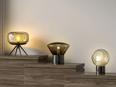 Three Modern Table Lamps With Distinctive Bases On Wooden Steps Against Light Wall 3d model