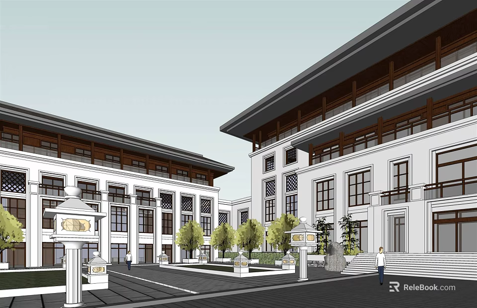 Modern Office Building Exterior With White Facade Courtyard Trees And Lamp Posts 3d model