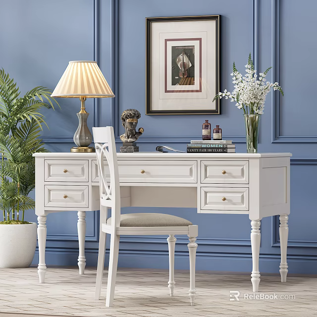 White Wooden Desk With Table Lamp Statue Books And Vase On Blue Wall Background 3d model 
