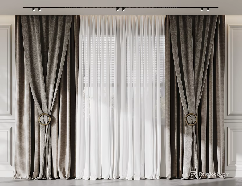 Elegant Dark Curtains With White Sheer Layers And Rings For Room Interior 3d model 