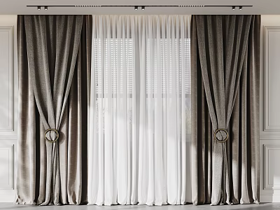 Elegant Dark Curtains With White Sheer Layers And Rings For Room Interior 3d model
