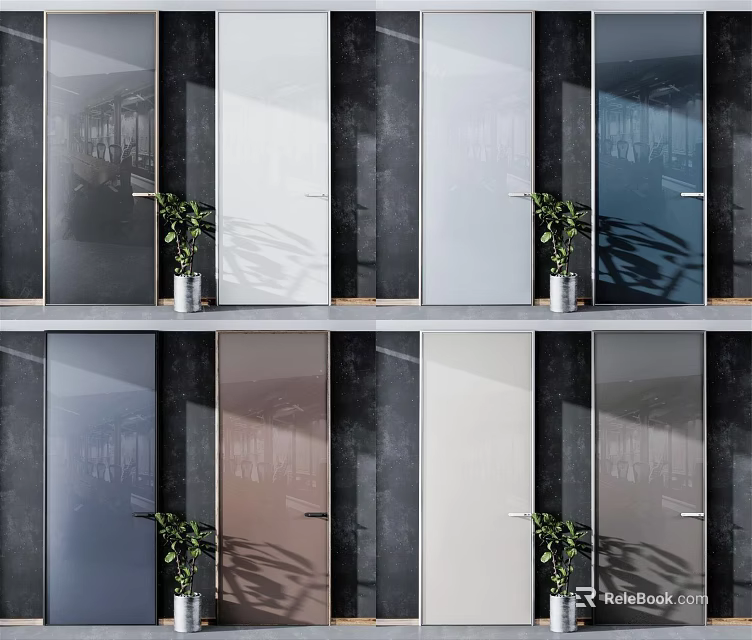 Modern Glass Doors In Various Colors With Potted Plants And Interior Design 3d model 