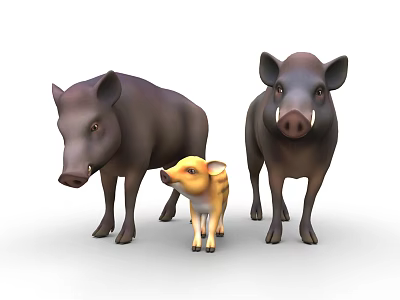 Three Wild Boars Adult Dark And Baby Yellow Striped Standing Together On White Background 3d model