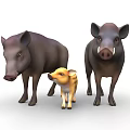 Three Wild Boars Adult Dark And Baby Yellow Striped Standing Together On White Background
