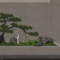 Tranquil Indoor Landscape With Lush Pine Tree Circular Ring White Statue Rocks And Water Feature 3d model