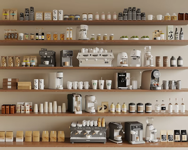 Organized Kitchen Shelves Featuring Various Coffee Machines Appliances Cups And Jars 3d model 