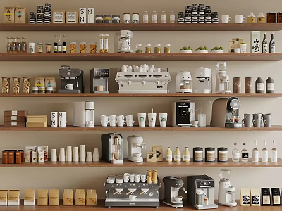 Organized Kitchen Shelves Featuring Various Coffee Machines Appliances Cups And Jars 3d model