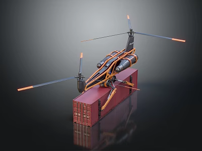 Orange And Black Passenger Aircraft On Red Container With Rotors Dark Background 3d model