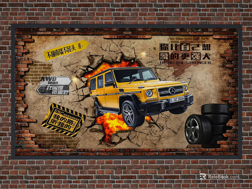 Yellow Off Road Vehicle On Brick Wall With Flames Warning Signs And Tire Design 3d model 