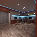 Modern Elevator Corridor With Blue Neon Lights Polished Floor And Decorative Wall Art