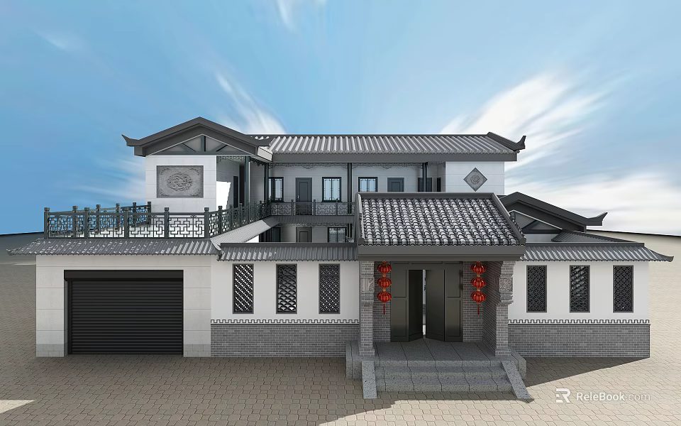 Traditional Chinese Ancient Architecture Design With Classic Roof Overhanging Eaves And Red Lanterns 3d model 
