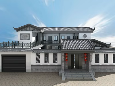 Traditional Chinese Ancient Architecture Design With Classic Roof Overhanging Eaves And Red Lanterns 3d model
