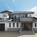 Traditional Chinese Ancient Architecture Design With Classic Roof Overhanging Eaves And Red Lanterns