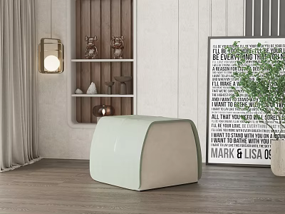 Light Green And Beige Curved Ottoman With Wooden Floor Decorative Painting And Green Plant 3d model