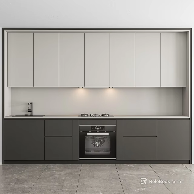 Modern Style Kitchen With Gray White Upper Lower Cabinets Black Oven Light Colored Countertop 3d model 