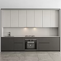 Modern Style Kitchen With Gray White Upper Lower Cabinets Black Oven Light Colored Countertop