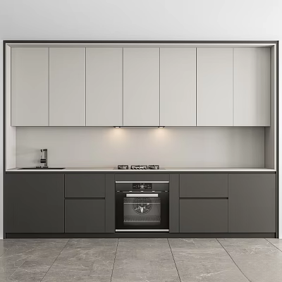 Modern Style Kitchen With Gray White Upper Lower Cabinets Black Oven Light Colored Countertop 3d model