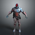 Standing Biomechanical Sci-Fi Character In Mechanical Armor With Red Helmet And Blue Glowing Parts 3d model