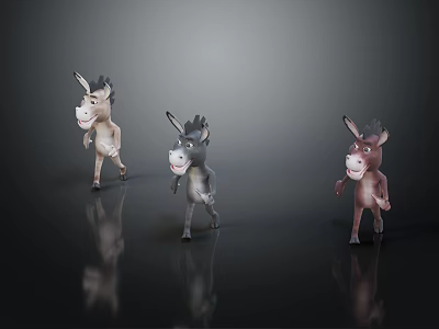Three Cute Cartoon Donkeys In Different Colors Standing Poses On Dark Background 3d model