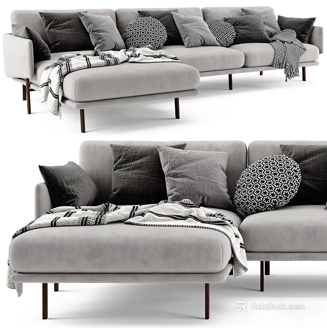 Modern Gray Sectional Sofa With Multiple Decorative Pillows And Soft Throw Blanket 3d model
